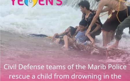 Civil Defense teams of the Marib Police rescue a child from drowning in the Marib Dam diversion channel